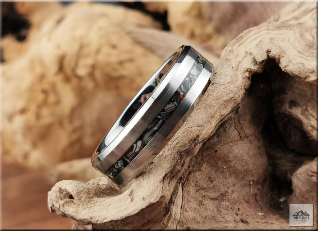 Tungsten Carbide Ring with Narrow Vintage Fordite Inlay