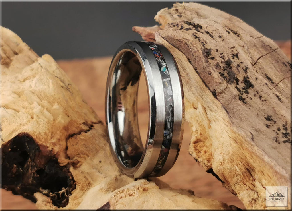 Tungsten Carbide Ring with Narrow Vintage Fordite Inlay