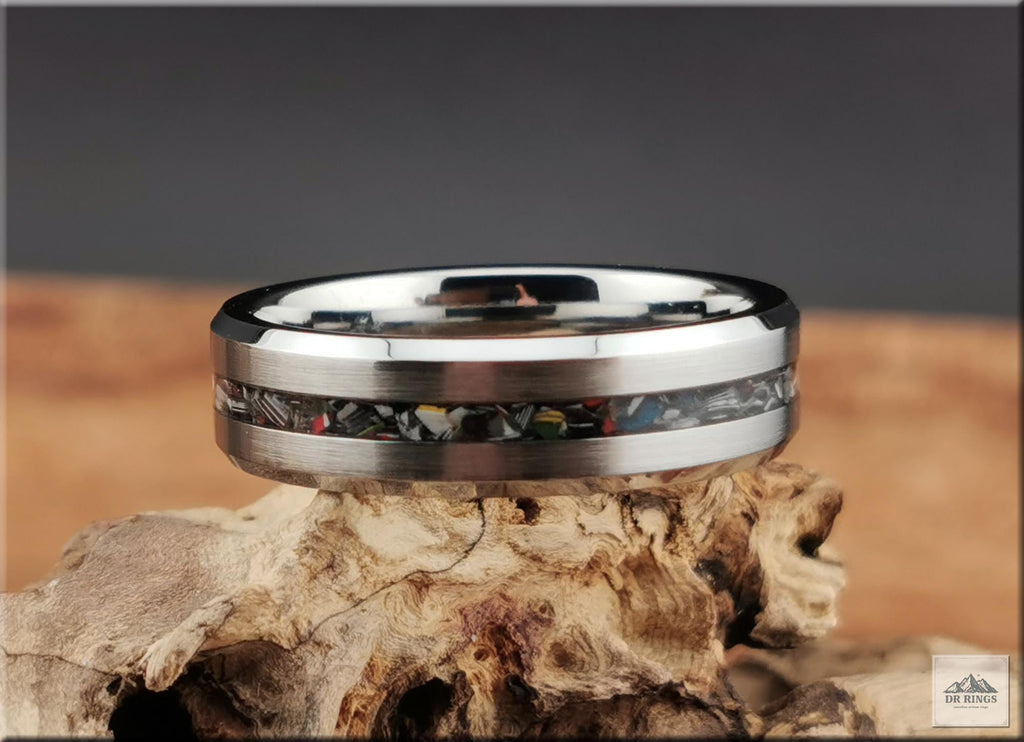 Tungsten Carbide Ring with Narrow Vintage Fordite Inlay