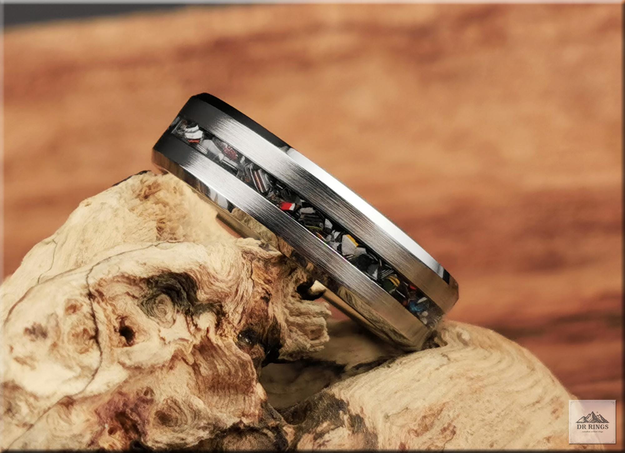 Tungsten Carbide Ring with Narrow Vintage Fordite Inlay