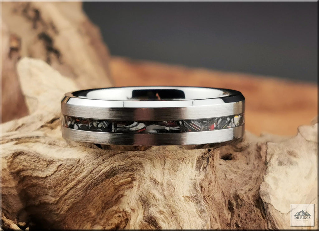 Tungsten Carbide Ring with Narrow Vintage Fordite Inlay