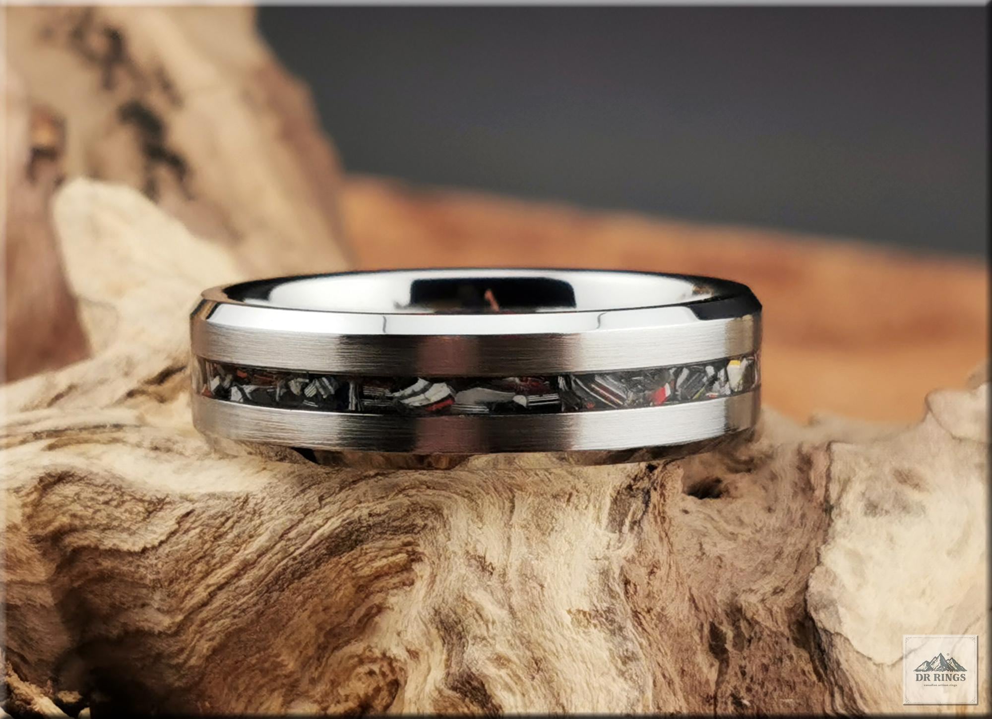 Tungsten Carbide Ring with Narrow Vintage Fordite Inlay