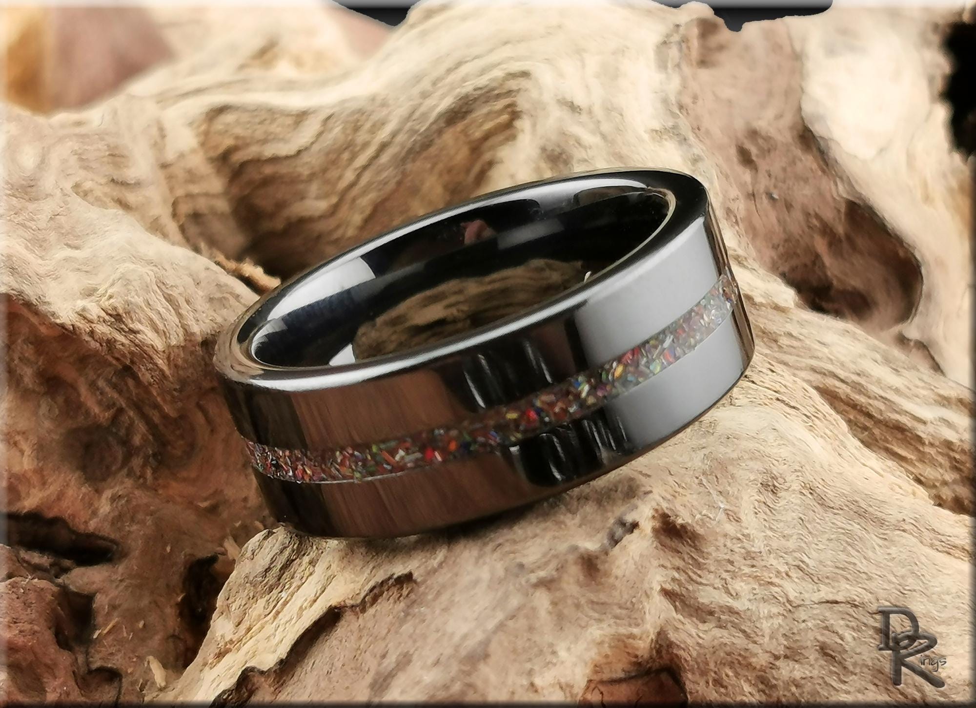 Black Ceramic Ring with Vintage Cadilite Inlay