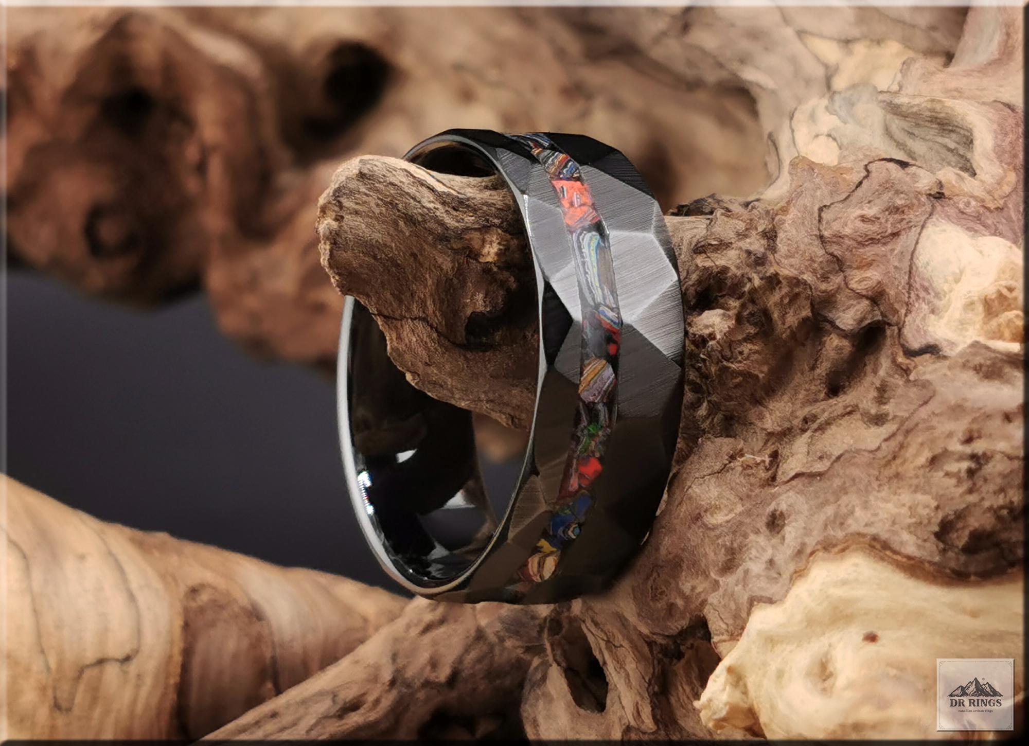 Hammered Black Ceramic Ring with offset Vintage Cadilite Inlay