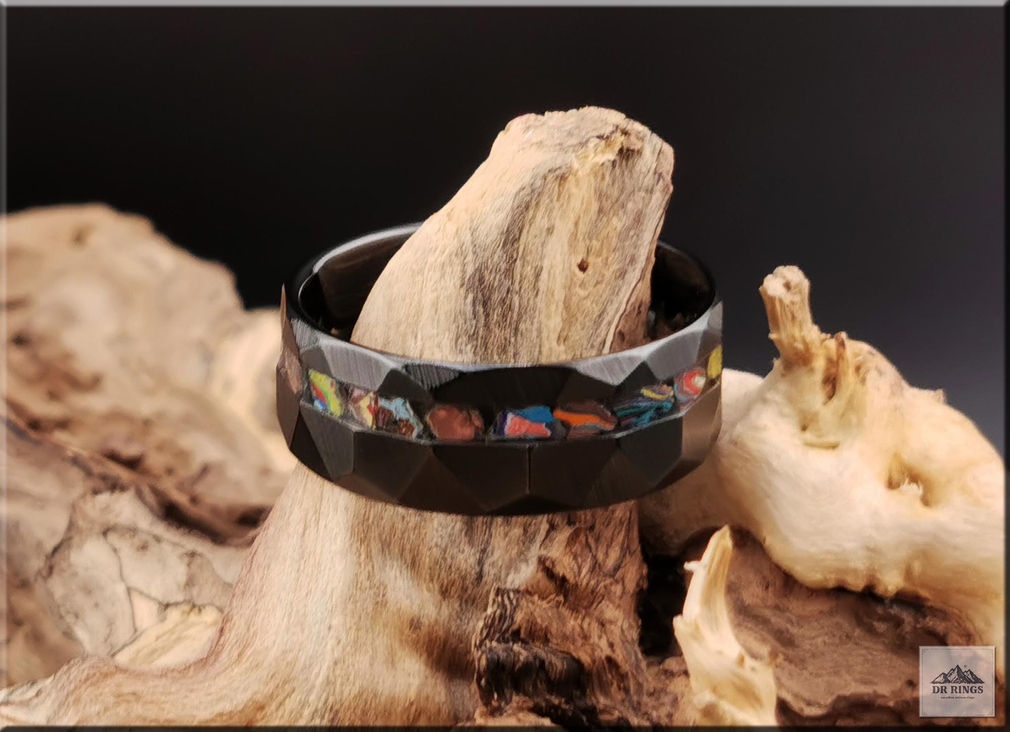 Hammered Black Ceramic Ring with offset Vintage Cadilite Inlay