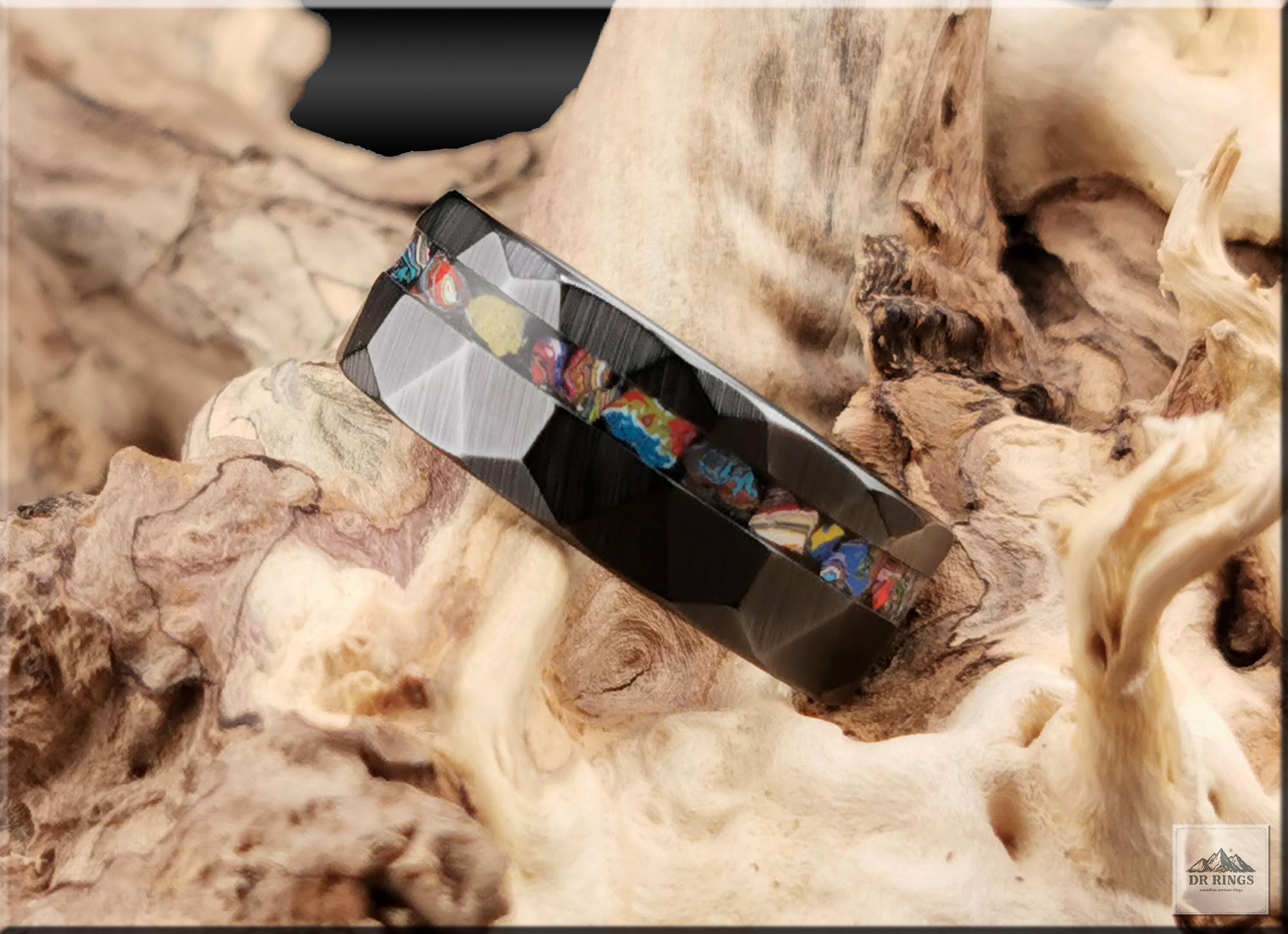 Hammered Black Ceramic Ring with offset Vintage Cadilite Inlay