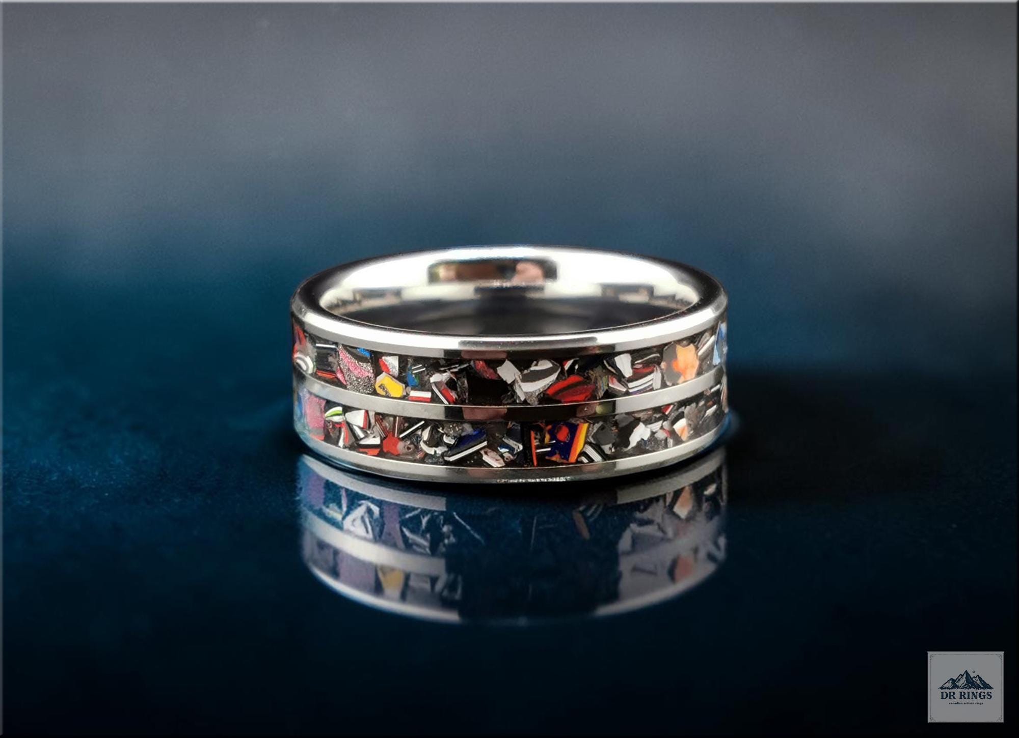 Tungsten Carbide Ring with dual Vintage Fordite inlays