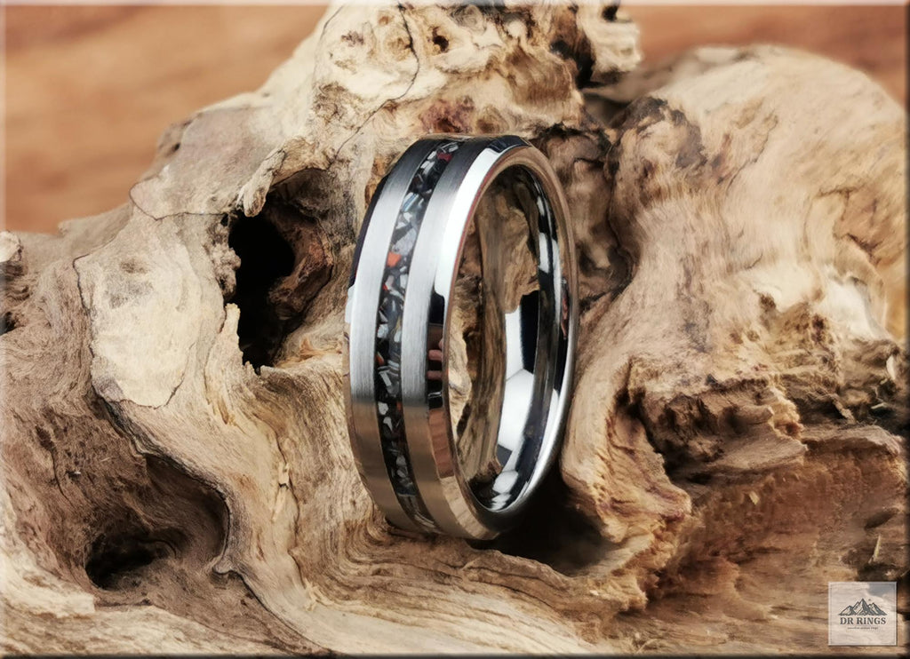 Tungsten Carbide Ring with Narrow Vintage Fordite Inlay