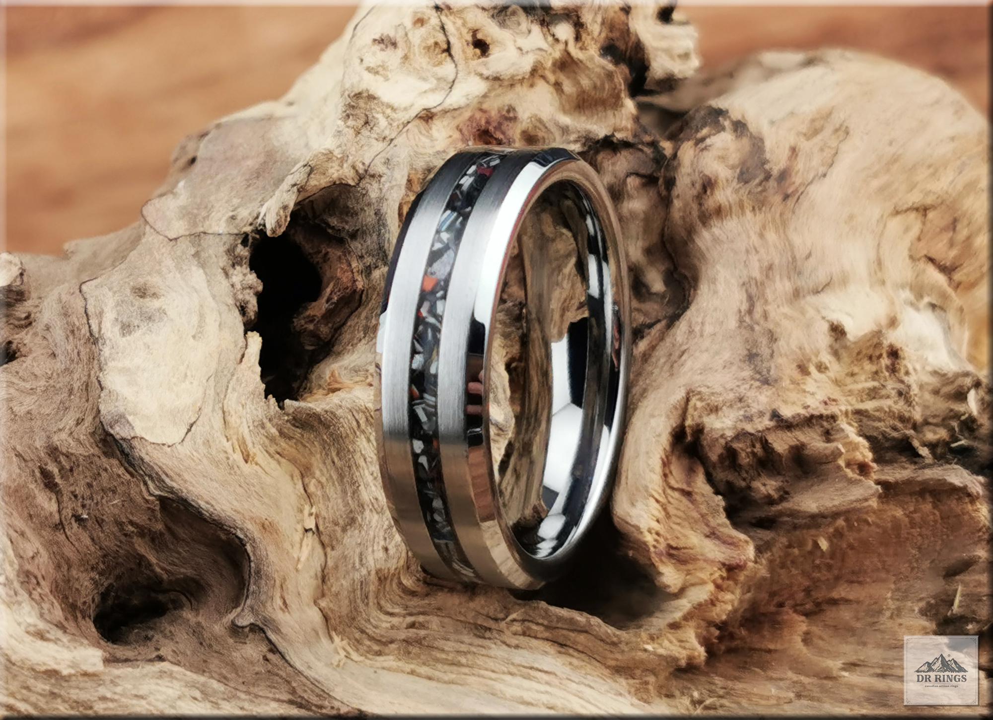 Tungsten Carbide Ring with Narrow Vintage Fordite Inlay