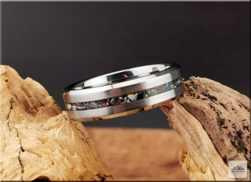 Tungsten Carbide Ring with Narrow Vintage Fordite Inlay