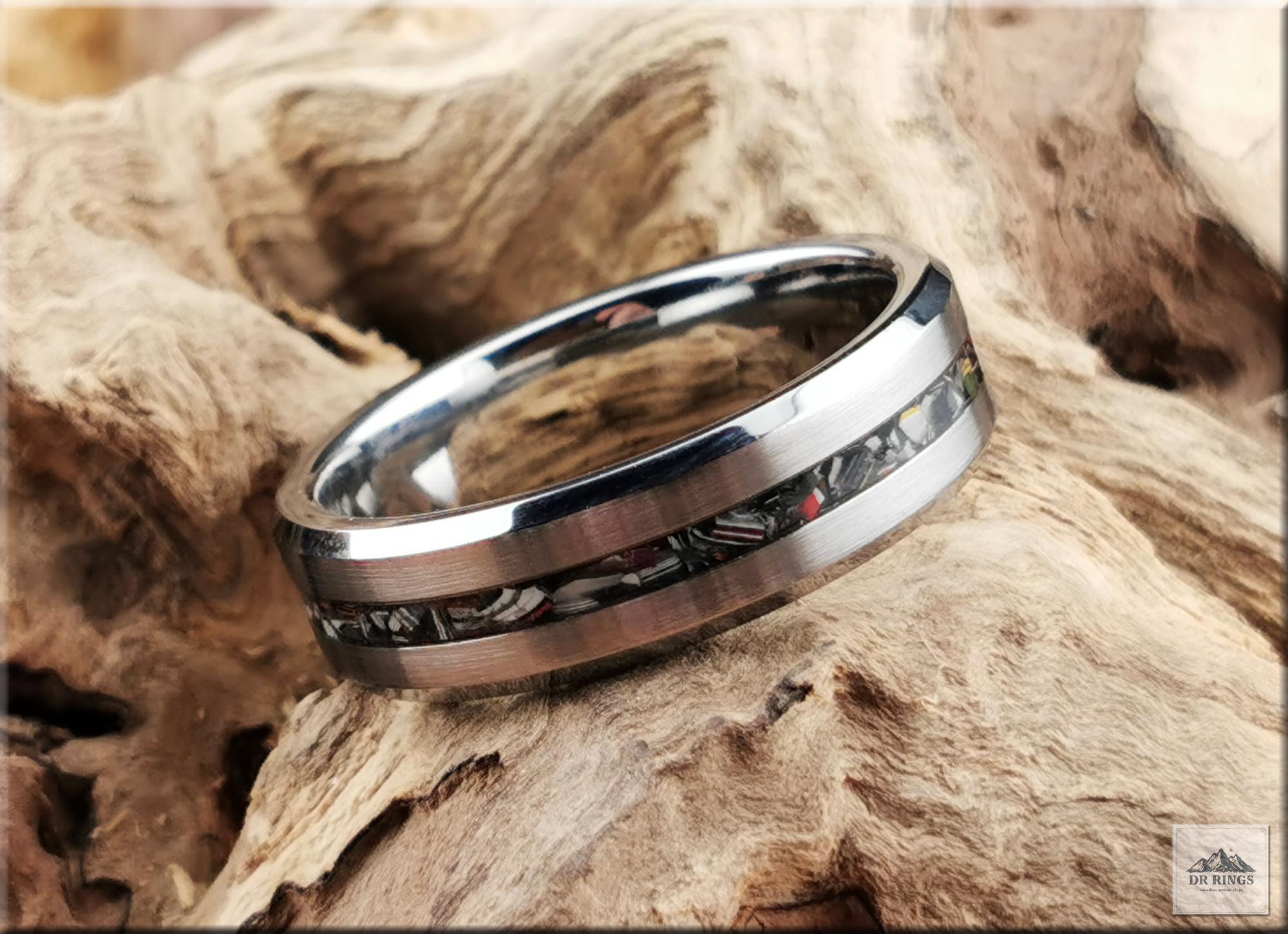 Tungsten Carbide Ring with Narrow Vintage Fordite Inlay