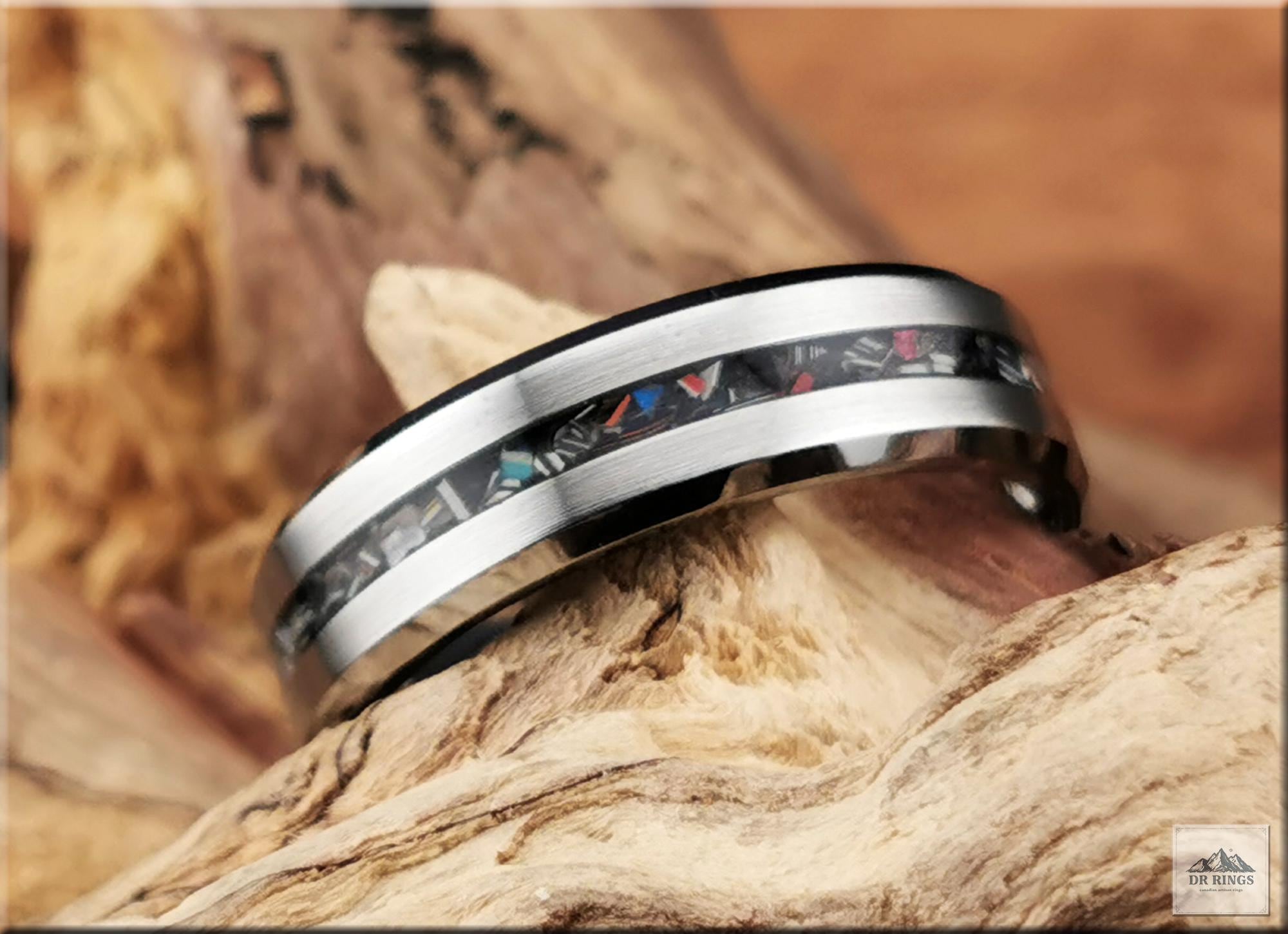Tungsten Carbide Ring with Narrow Vintage Fordite Inlay