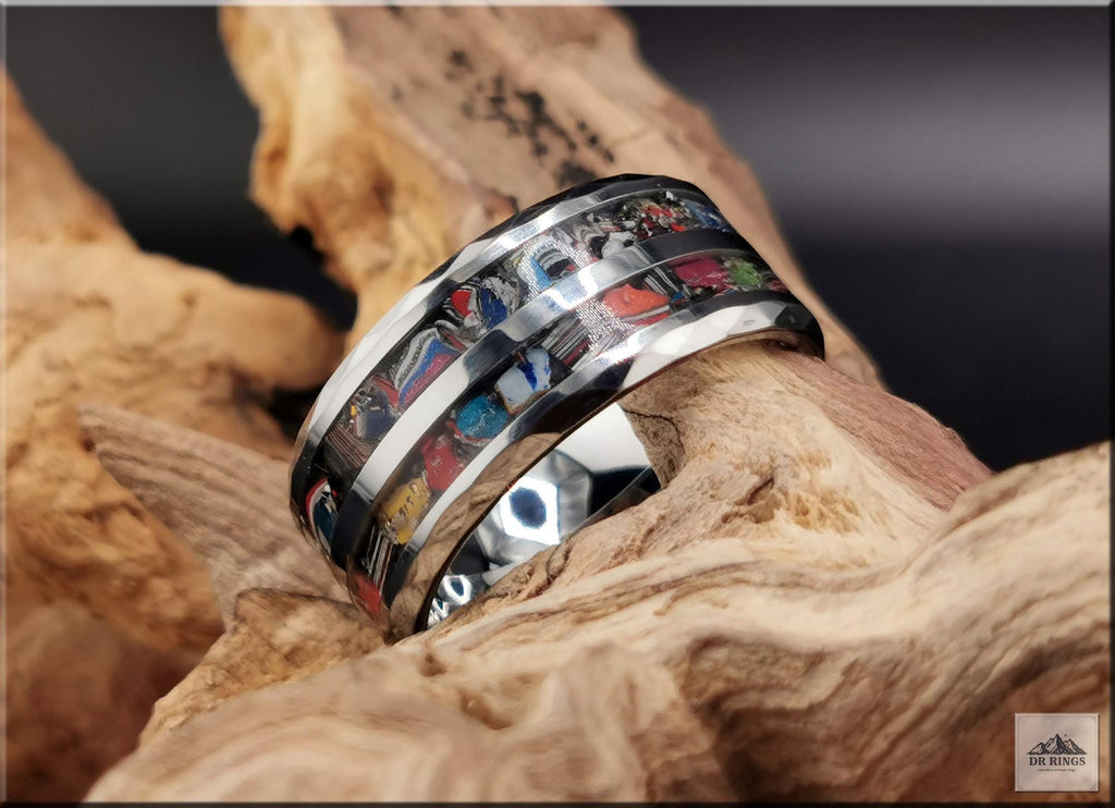 Hammered Tungsten Carbide Ring with dual Vintage Fordite inlays