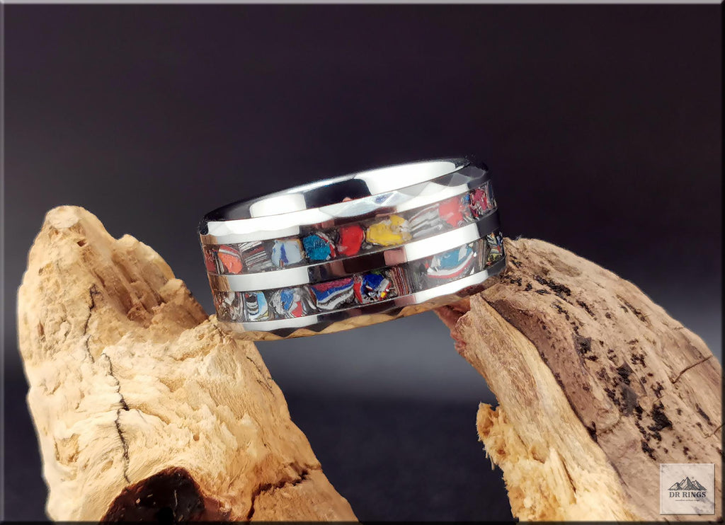 Hammered Tungsten Carbide Ring with dual Vintage Fordite inlays