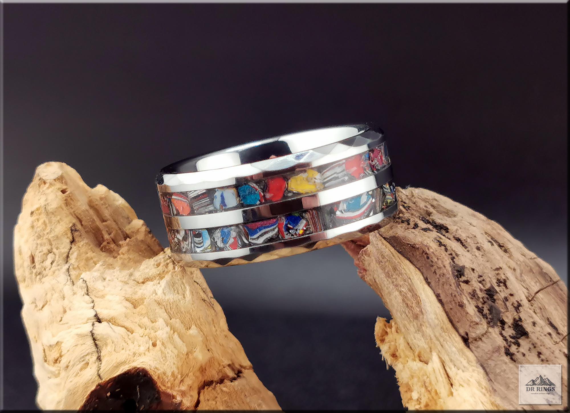 Hammered Tungsten Carbide Ring with dual Vintage Fordite inlays
