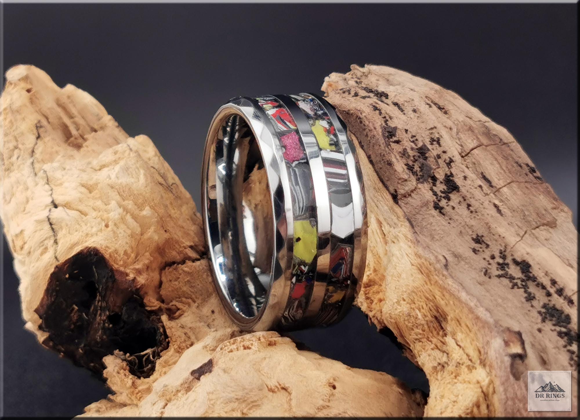 Hammered Tungsten Carbide Ring with dual Vintage Fordite inlays