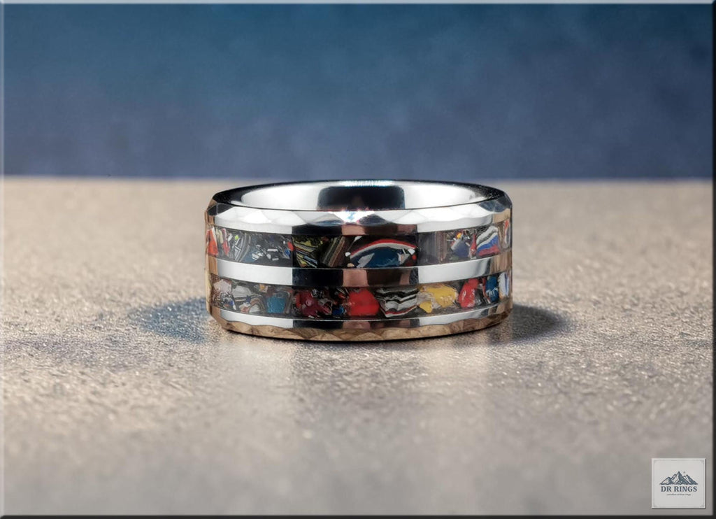 Hammered Tungsten Carbide Ring with dual Vintage Fordite inlays