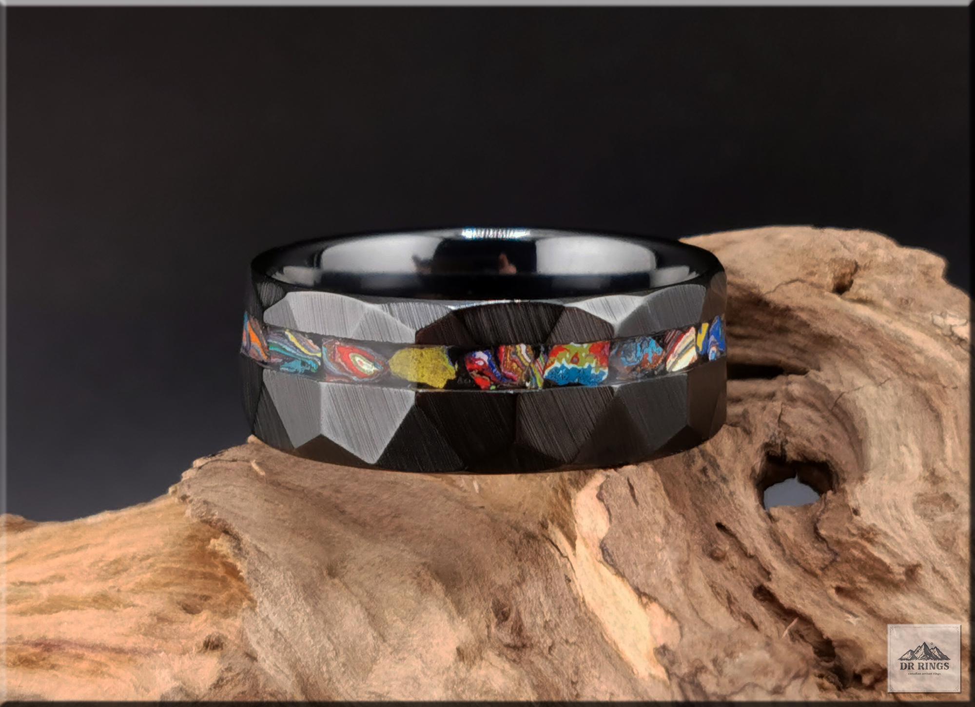 Hammered Black Ceramic Ring with offset Vintage Cadilite Inlay