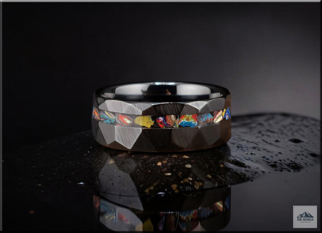 Hammered Black Ceramic Ring with offset Vintage Cadilite Inlay
