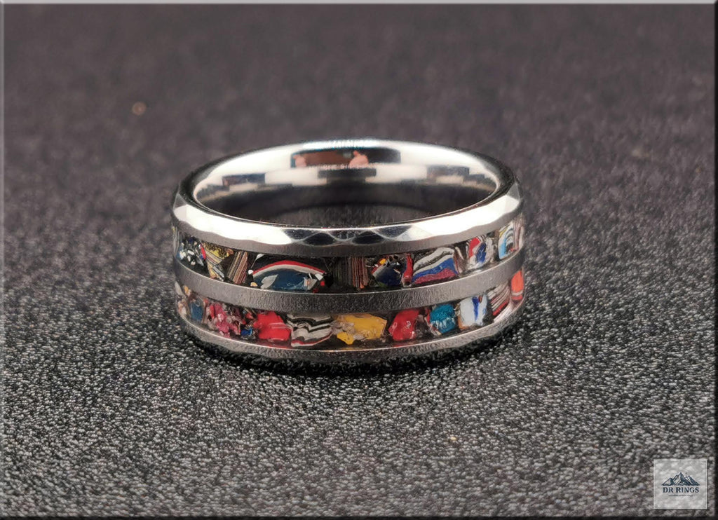 Hammered Tungsten Carbide Ring with dual Vintage Fordite inlays