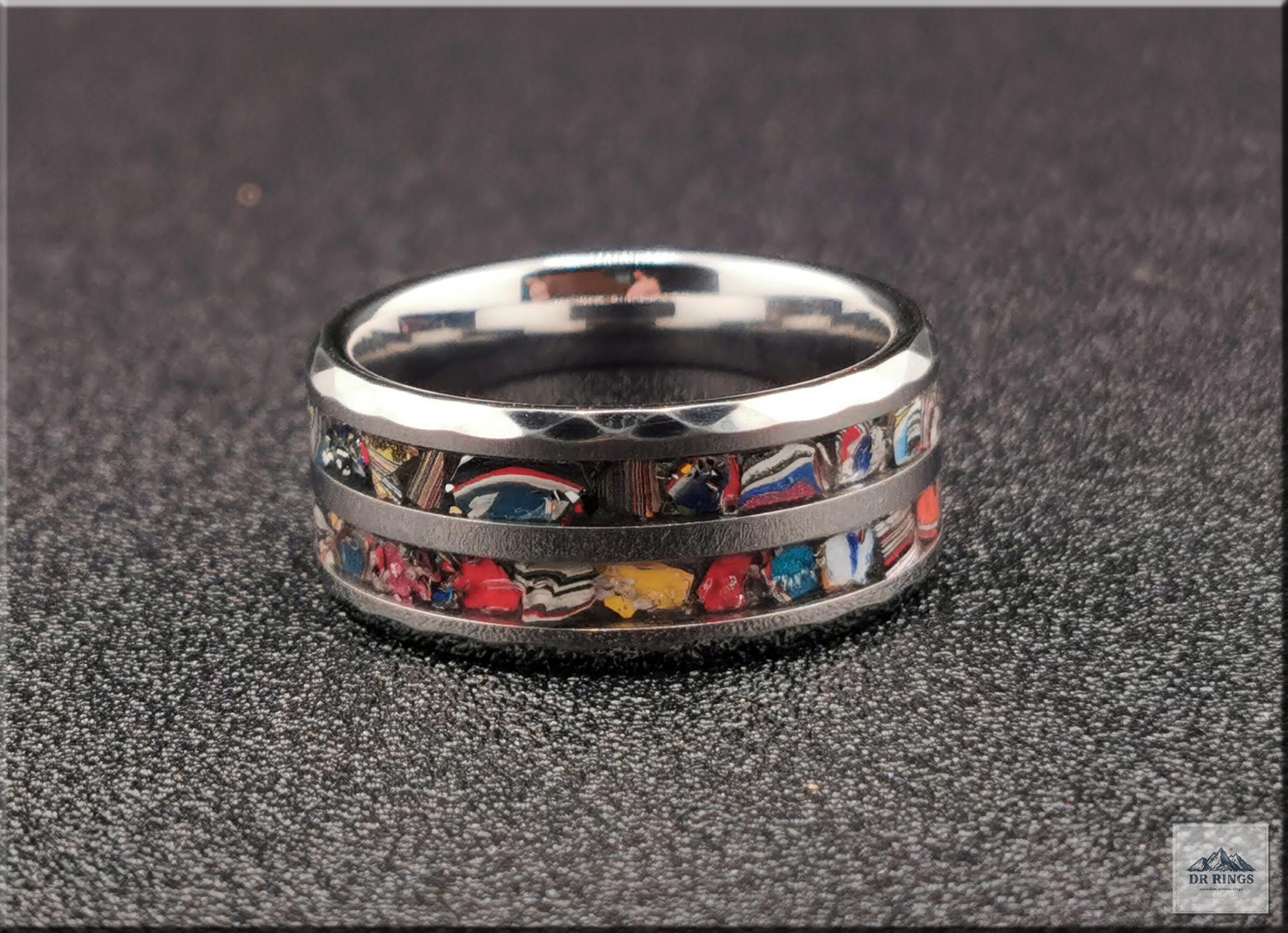 Hammered Tungsten Carbide Ring with dual Vintage Fordite inlays