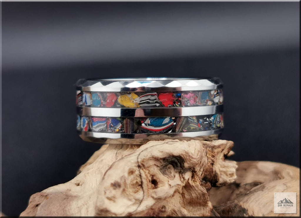 Hammered Tungsten Carbide Ring with dual Vintage Fordite inlays