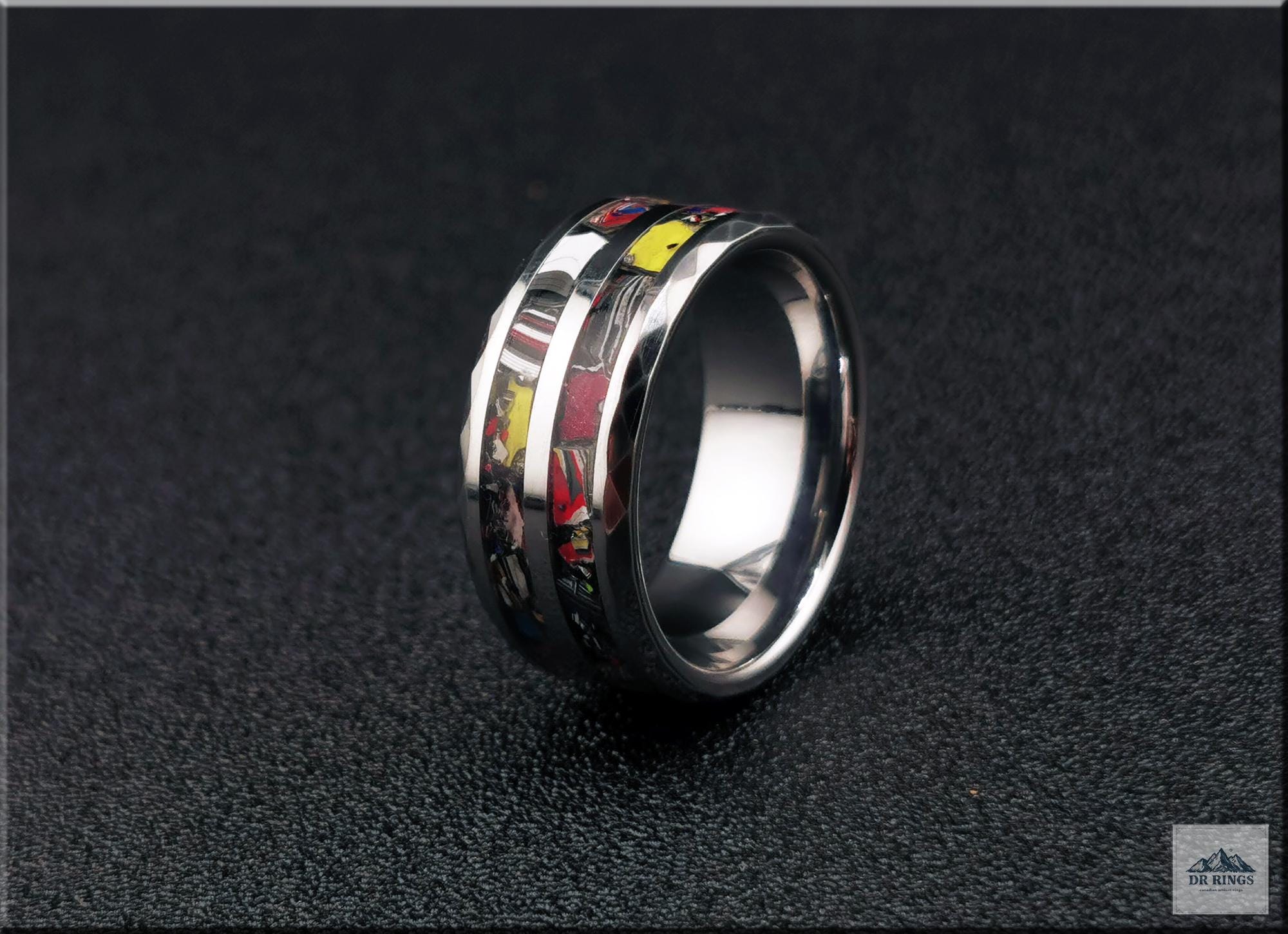 Hammered Tungsten Carbide Ring with dual Vintage Fordite inlays