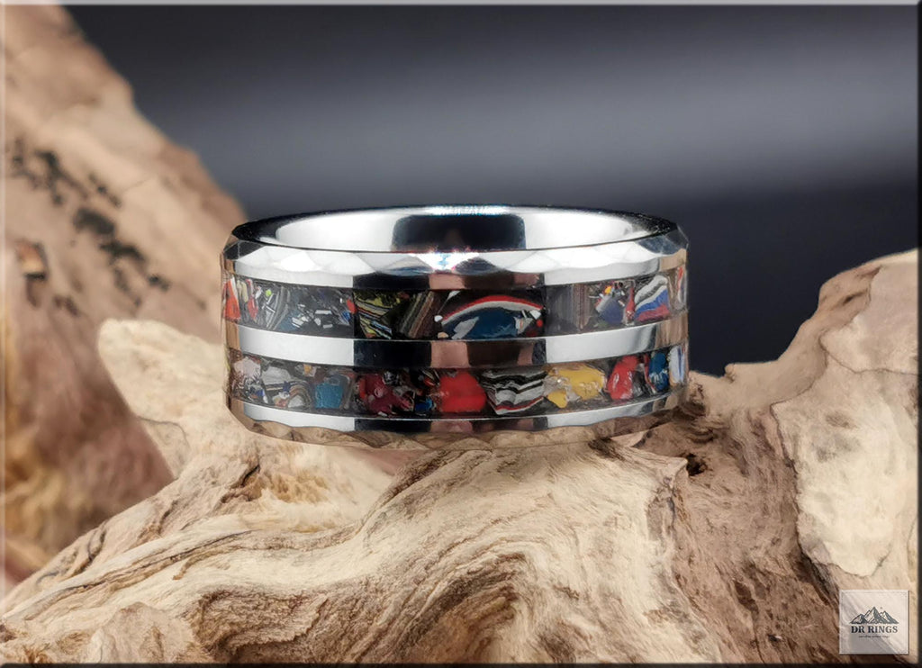 Hammered Tungsten Carbide Ring with dual Vintage Fordite inlays