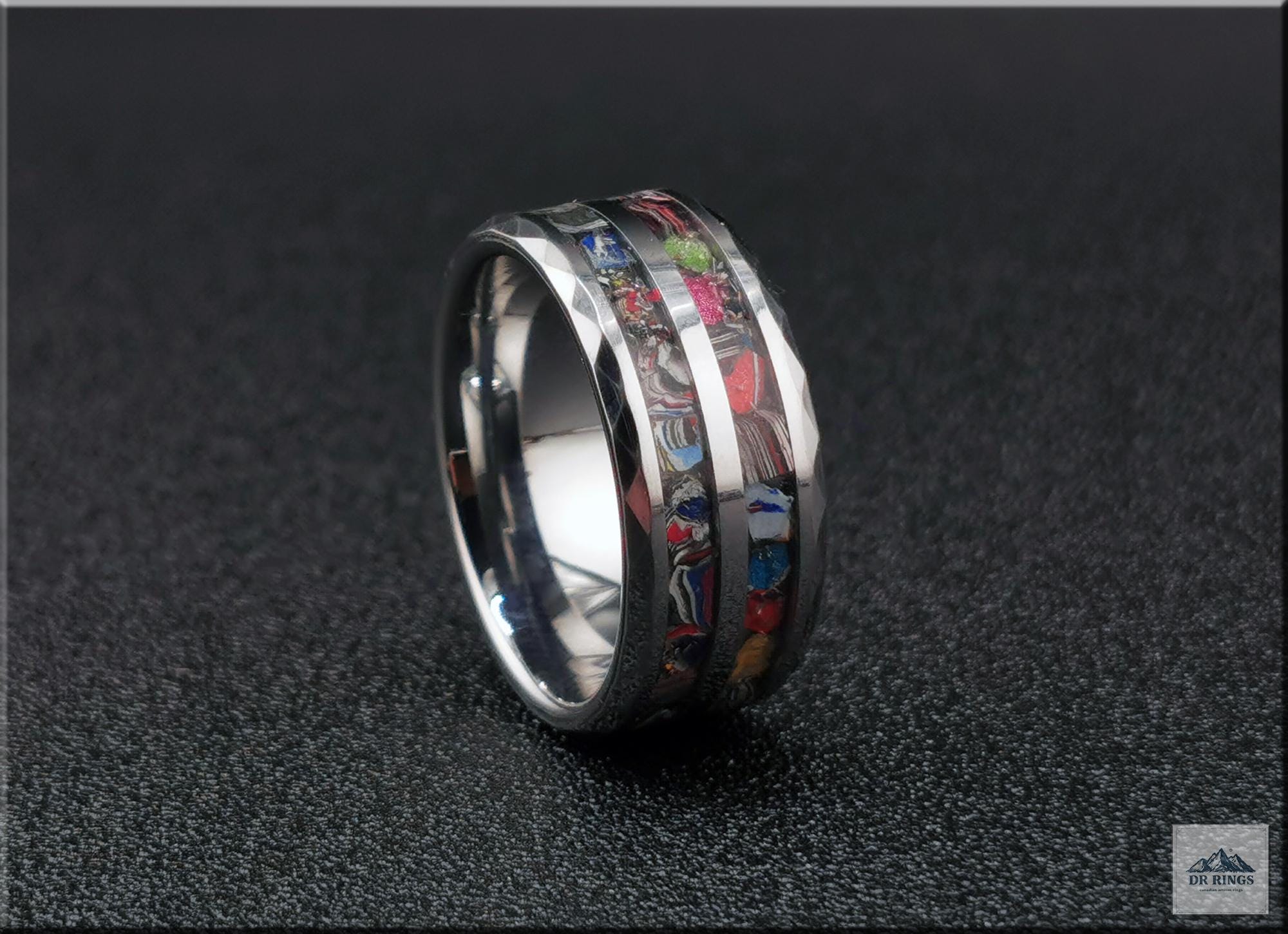 Hammered Tungsten Carbide Ring with dual Vintage Fordite inlays