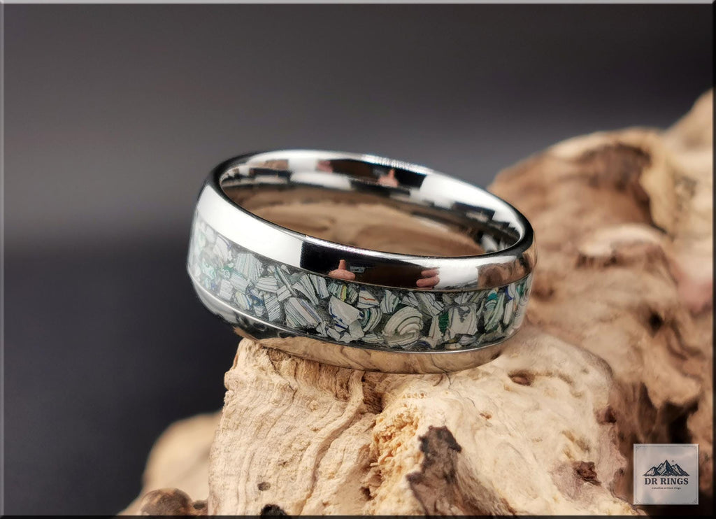 Tungsten Carbide Ring with Fordite (Garbage truck) inlay, domed edge