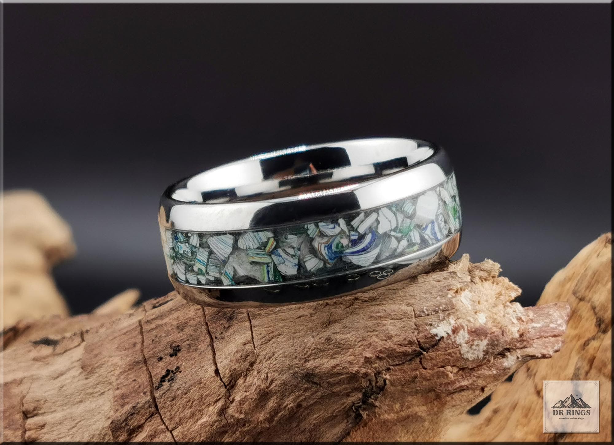 Tungsten Carbide Ring with Fordite (Garbage truck) inlay, domed edge