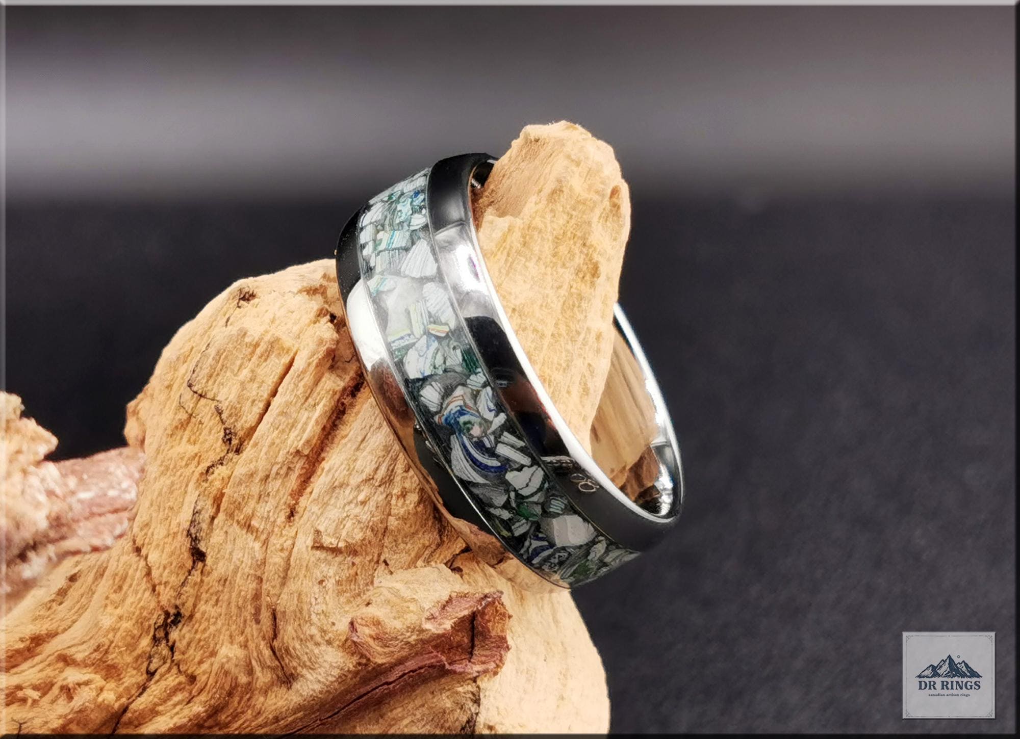 Tungsten Carbide Ring with Fordite (Garbage truck) inlay, domed edge