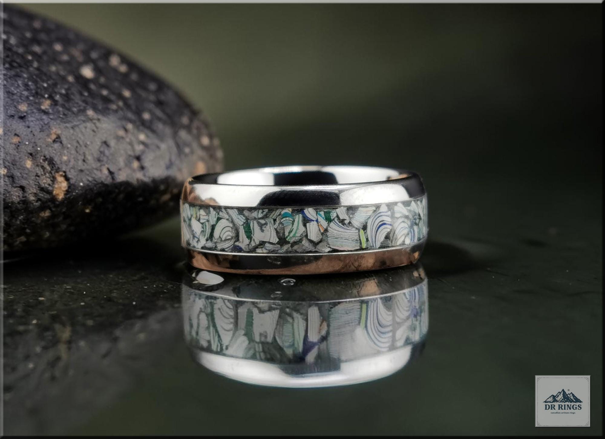Tungsten Carbide Ring with Fordite (Garbage truck) inlay, domed edge