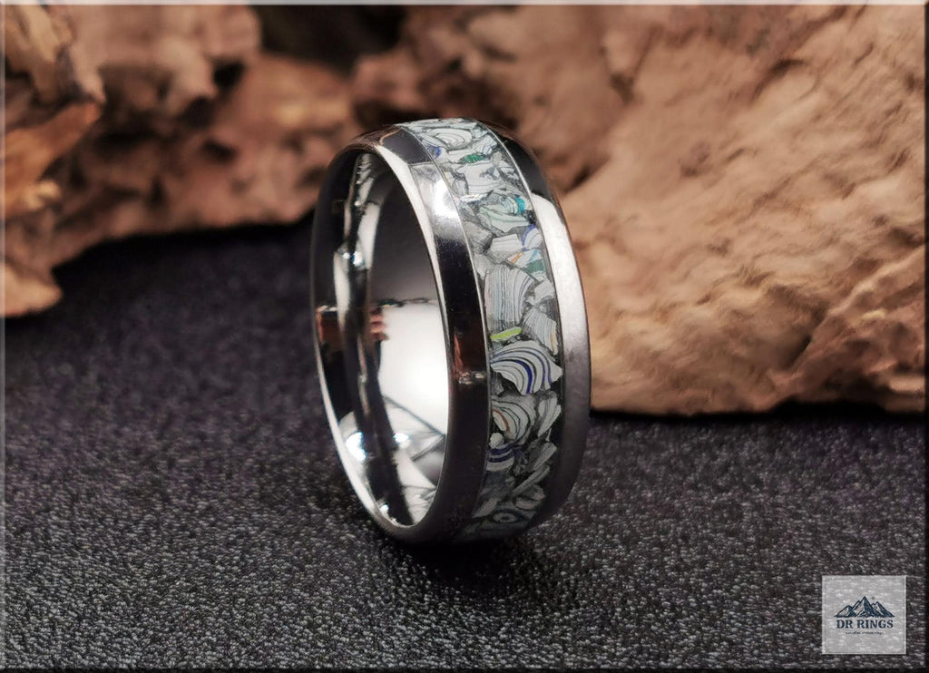 Tungsten Carbide Ring with Fordite (Garbage truck) inlay, domed edge