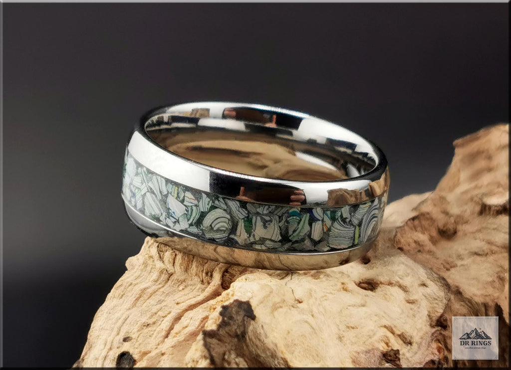 Tungsten Carbide Ring with Fordite (Garbage truck) inlay, domed edge