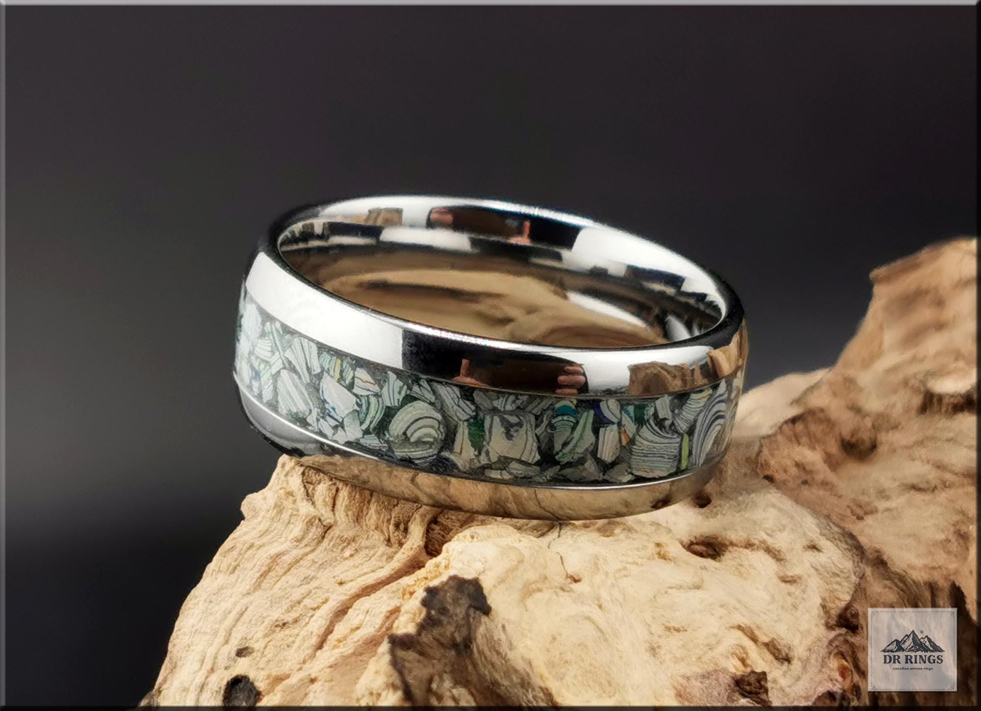 Tungsten Carbide Ring with Fordite (Garbage truck) inlay, domed edge