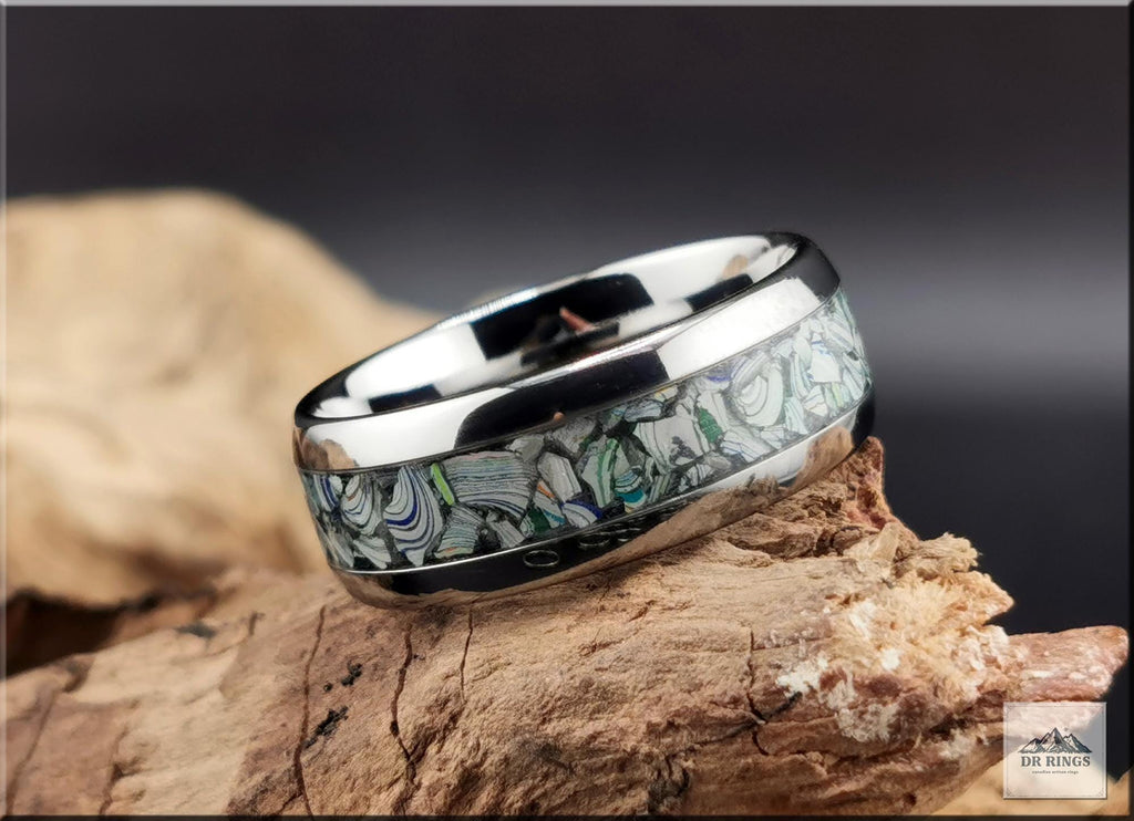 Tungsten Carbide Ring with Fordite (Garbage truck) inlay, domed edge