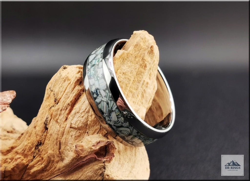 Tungsten Carbide Ring with Fordite (Garbage truck) inlay, domed edge