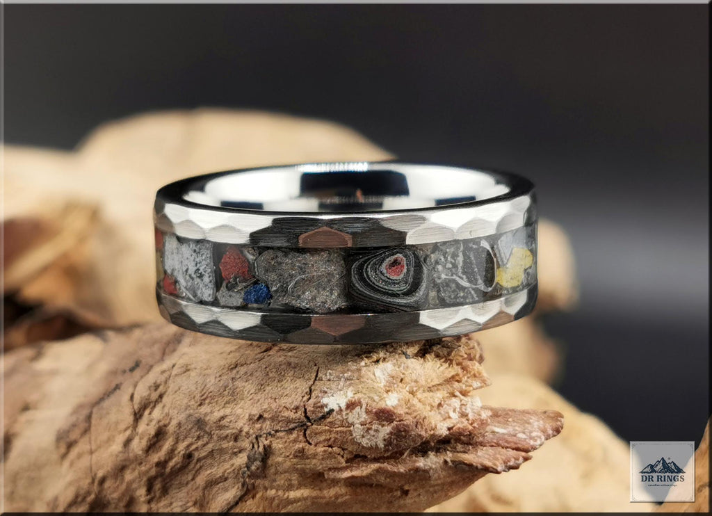 Hammered Tungsten Carbide Ring with Vintage Mustang Fordite inlay