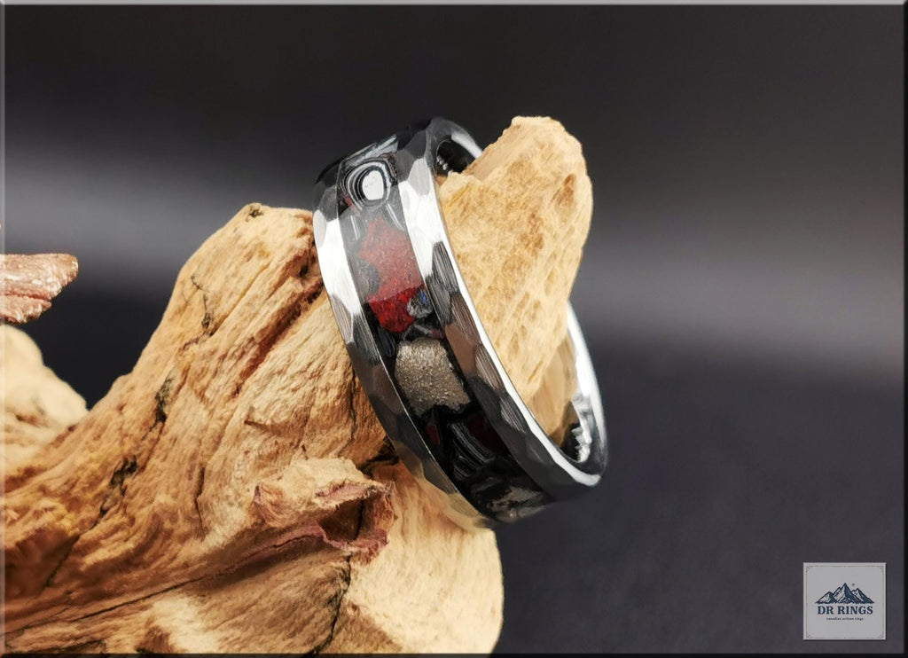 Hammered Tungsten Carbide Ring with Vintage Mustang Fordite inlay