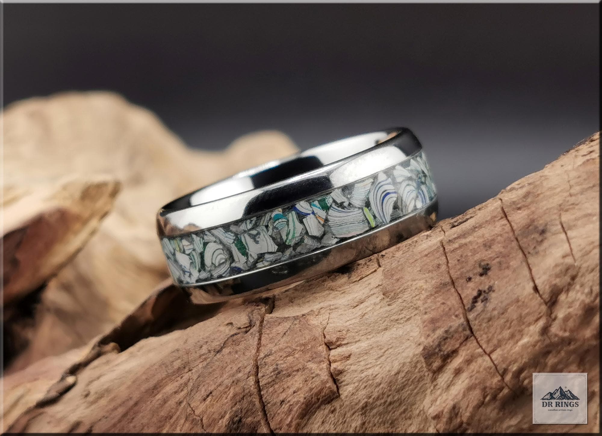 Tungsten Carbide Ring with Fordite (Garbage truck) inlay, domed edge