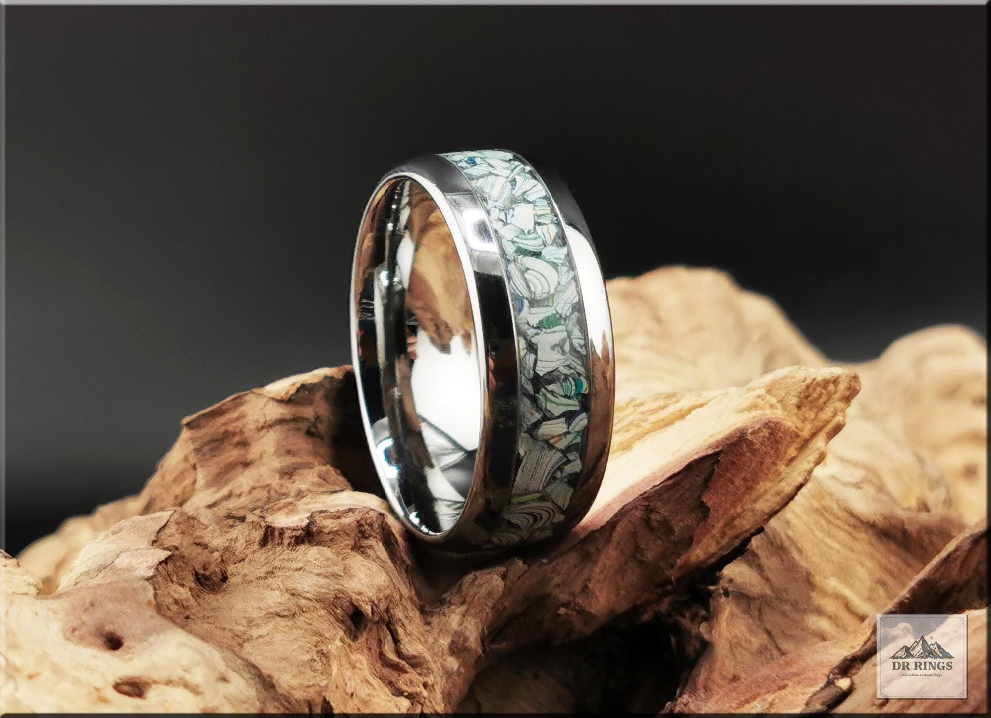 Tungsten Carbide Ring with Fordite (Garbage truck) inlay, domed edge