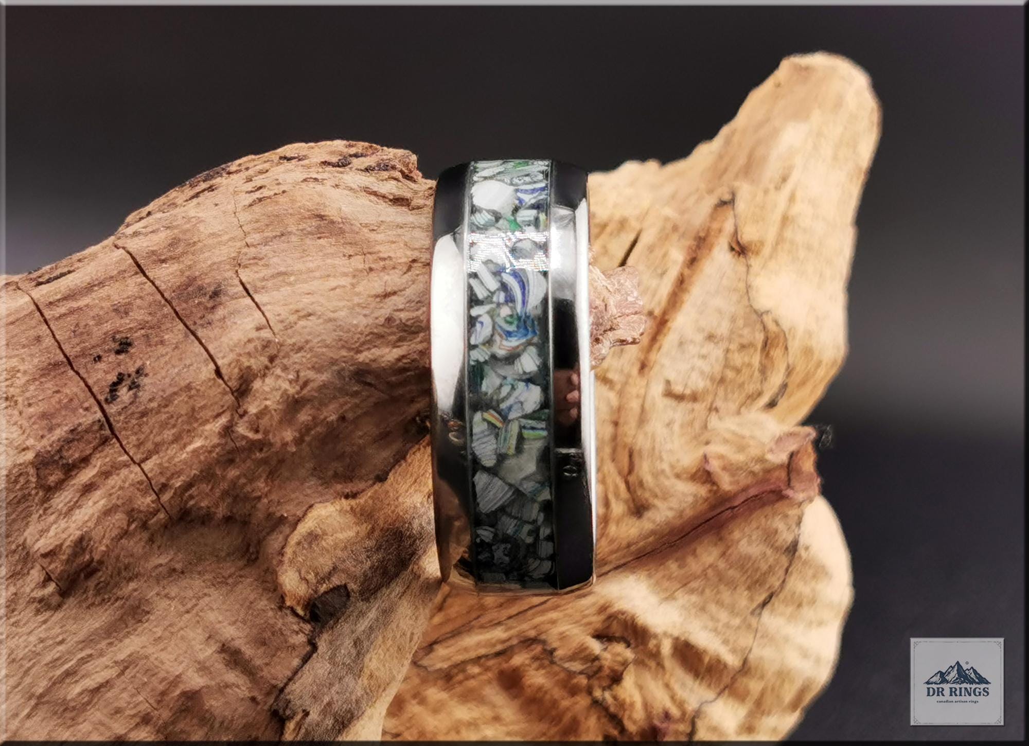 Tungsten Carbide Ring with Fordite (Garbage truck) inlay, domed edge