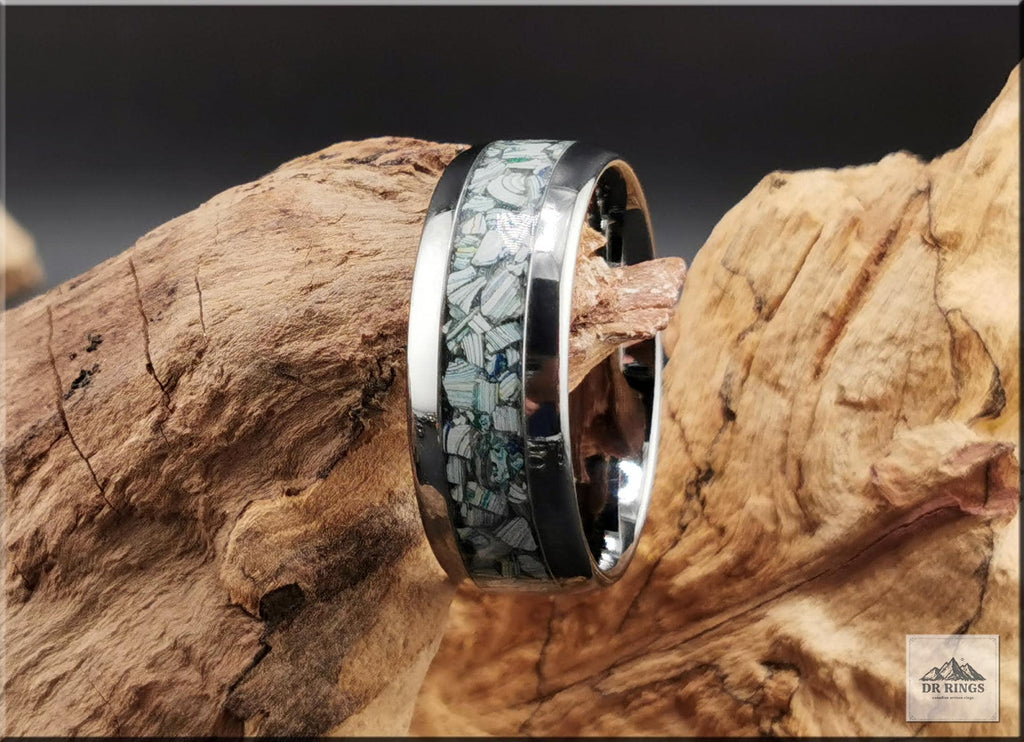 Tungsten Carbide Ring with Fordite (Garbage truck) inlay, domed edge