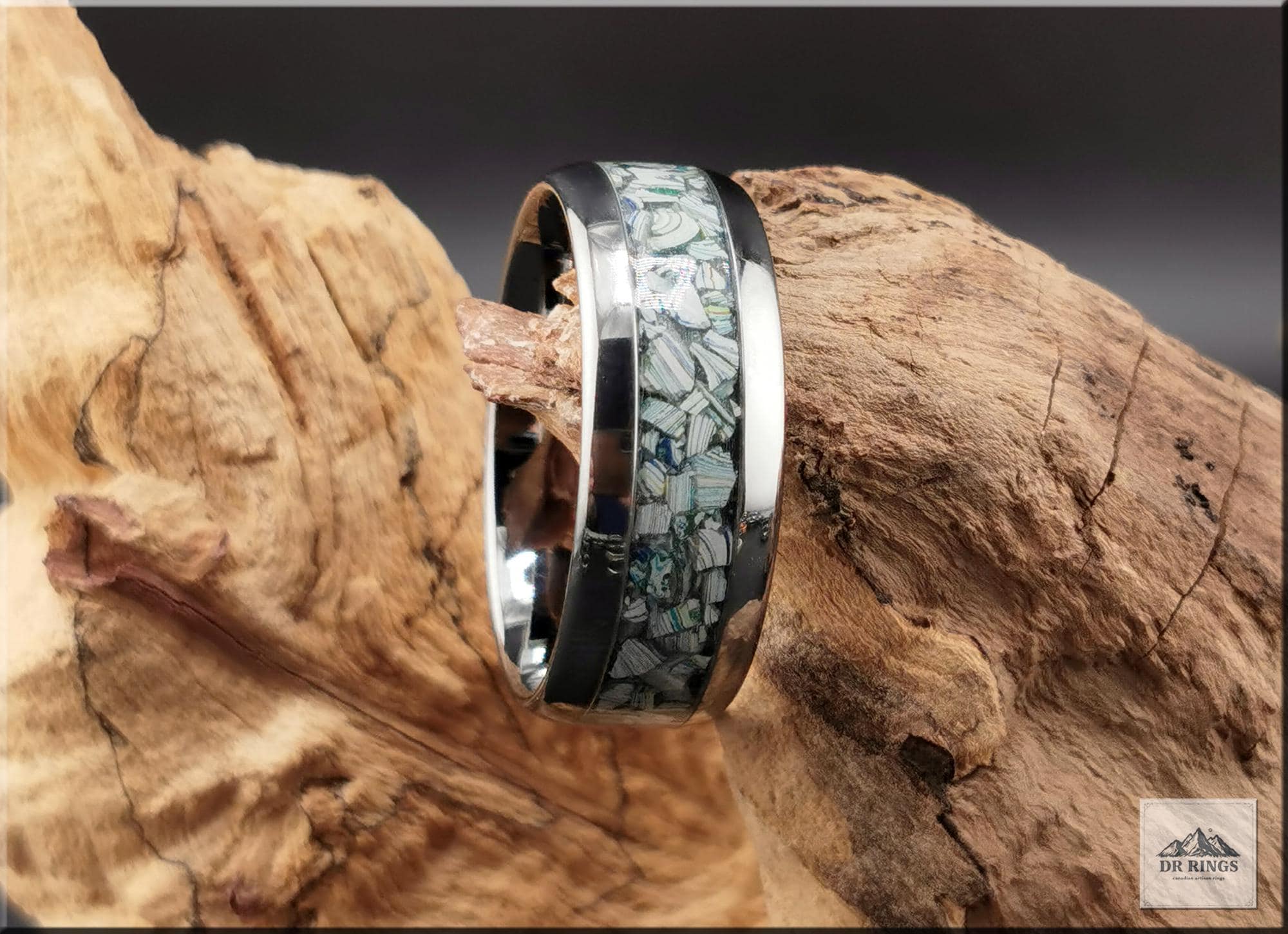 Tungsten Carbide Ring with Fordite (Garbage truck) inlay, domed edge