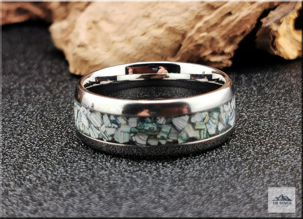 Tungsten Carbide Ring with Fordite (Garbage truck) inlay, domed edge
