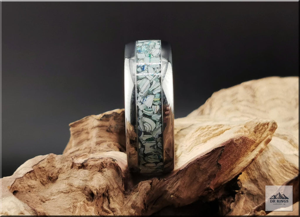 Tungsten Carbide Ring with Fordite (Garbage truck) inlay, domed edge