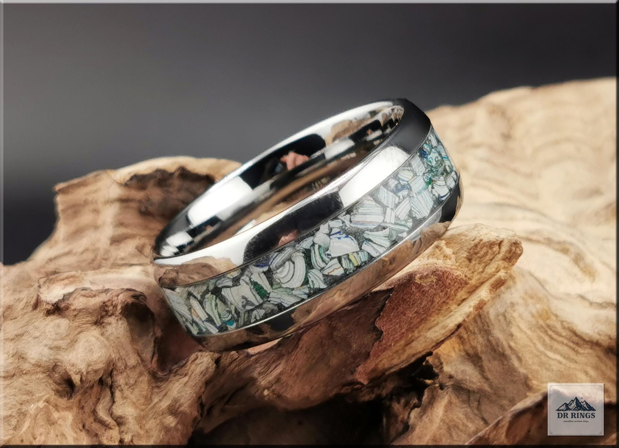 Tungsten Carbide Ring with Fordite (Garbage truck) inlay, domed edge