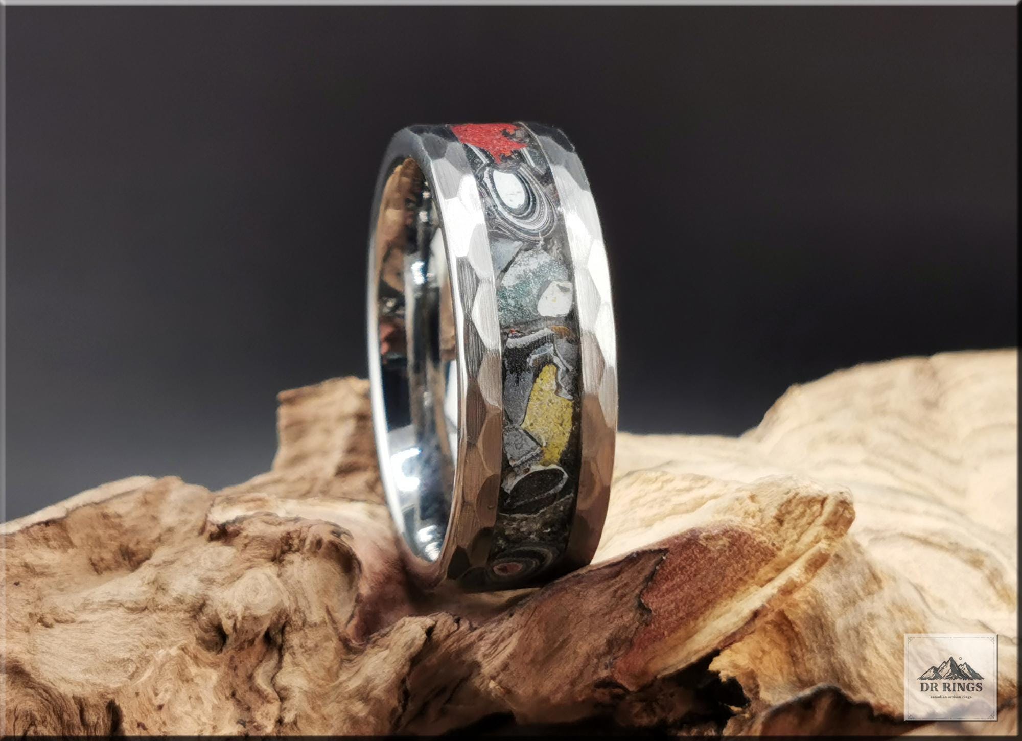 Hammered Tungsten Carbide Ring with Vintage Mustang Fordite inlay