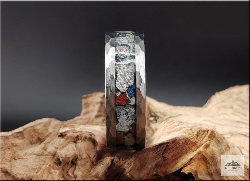 Hammered Tungsten Carbide Ring with Vintage Mustang Fordite inlay